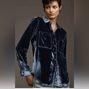 Anthropologie Pilcro Hadley Relaxed Velvet Buttondown Shirt Sapphire Blue S (#3)